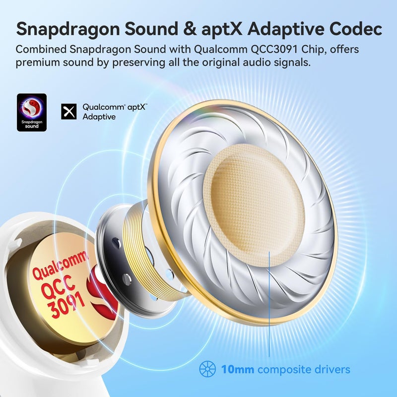 EarFun سماعات أذن لاسلكية Air Pro 4 مع تقنية إلغاء الضوضاء الهجينة التكيفية، صوت Qualcomm Snapdragon، aptX Lossless، 6 ميكروفونات AI CVC 8.0 للمكالمات، LDAC صوت عالي الدقة، 52 ساعة من وقت التشغيل، بلوتوث 5.4 (أبيض لامع) - Image 3
